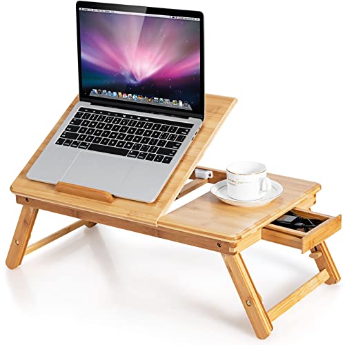 COSTWAY Bamboo Laptop Stand for Bed, Folding Adjustable Laptop Tray Bed Table with Tilting Top and Storage Drawer, Portable Notebook Lap Desk Breakfast Serving Tray Drawing Table, Natural 1 COSTWAY Bamboo Laptop Stand for Bed, Folding Adjustable Laptop Tray Bed Table with Tilting Top and Storage Drawer, Portable Notebook Lap Desk Breakfast Serving Tray Drawing Table, Natural