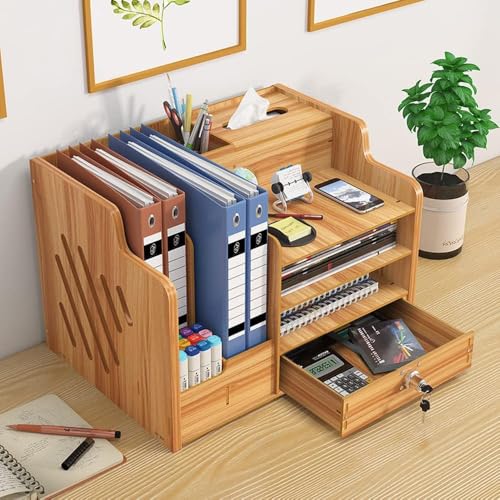 Catekro Desk Organiser Wood, Stationary Organiser with Drawer, Large Capacity Desk Tidy Storage Holder for A4 Papers, Books, Document and Notebook (230-brown) 3 Catekro Desk Organiser Wood, Stationary Organiser with Drawer, Large Capacity Desk Tidy Storage Holder for A4 Papers, Books, Document and Notebook (230-brown) - Image 3
