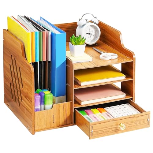 Catekro Desk Organiser Wood, Stationary Organiser with Drawer, Large Capacity Desk Tidy Storage Holder for A4 Papers, Books, Document and Notebook (230-brown) 1 Catekro Desk Organiser Wood, Stationary Organiser with Drawer, Large Capacity Desk Tidy Storage Holder for A4 Papers, Books, Document and Notebook (230-brown)