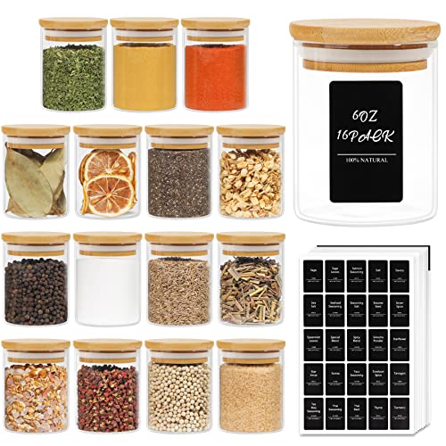 ComSaf 16Pcs Glass Spice Jars with Bamboo Lid, 6oz Airtight Round Spice Containers with 275 Black Lables, Empty Seasoning Jars for Spice Salt Sugar 1 ComSaf 16Pcs Glass Spice Jars with Bamboo Lid, 6oz Airtight Round Spice Containers with 275 Black Lables, Empty Seasoning Jars for Spice Salt Sugar