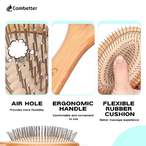 Combetter Bamboo Hair Brush, Smoothing Hair and Massaging Scalp, Detangling Anti-Static Hairbrush, Eco-Friendly Natural Wooden comb with Metal Bristles for Women, Men & Children 2 Combetter Bamboo Hair Brush, Smoothing Hair and Massaging Scalp, Detangling Anti-Static Hairbrush, Eco-Friendly Natural Wooden comb with Metal Bristles for Women, Men & Children - Image 2