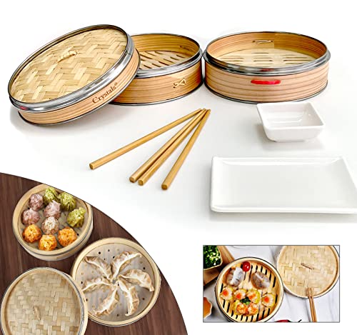 Crystals Bamboo Steamer Basket with Lid - 2 Tier Dumpling Steamer Basket for Cooking - Includes 2 Pair Wooden Chopsticks Reusable, 1 Ceramic Plate, 1 Ceramic Dipping Bowl 2 Crystals Bamboo Steamer Basket with Lid - 2 Tier Dumpling Steamer Basket for Cooking - Includes 2 Pair Wooden Chopsticks Reusable, 1 Ceramic Plate, 1 Ceramic Dipping Bowl - Image 2