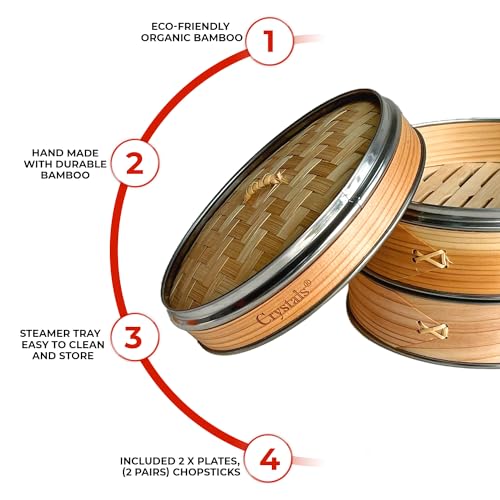 Crystals Bamboo Steamer Basket with Lid - 2 Tier Dumpling Steamer Basket for Cooking - Includes 2 Pair Wooden Chopsticks Reusable, 1 Ceramic Plate, 1 Ceramic Dipping Bowl 4 Crystals Bamboo Steamer Basket with Lid - 2 Tier Dumpling Steamer Basket for Cooking - Includes 2 Pair Wooden Chopsticks Reusable, 1 Ceramic Plate, 1 Ceramic Dipping Bowl - Image 4