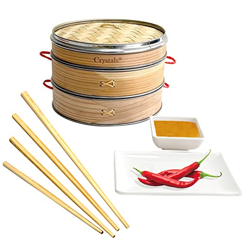 Crystals Bamboo Steamer Basket with Lid - 2 Tier Dumpling Steamer Basket for Cooking - Includes 2 Pair Wooden Chopsticks Reusable, 1 Ceramic Plate, 1 Ceramic Dipping Bowl 5 Crystals Bamboo Steamer Basket with Lid - 2 Tier Dumpling Steamer Basket for Cooking - Includes 2 Pair Wooden Chopsticks Reusable, 1 Ceramic Plate, 1 Ceramic Dipping Bowl - Image 5