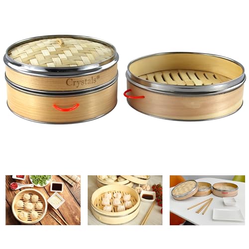 Crystals Bamboo Steamer Basket with Lid - 2 Tier Dumpling Steamer Basket for Cooking - Includes 2 Pair Wooden Chopsticks Reusable, 1 Ceramic Plate, 1 Ceramic Dipping Bowl 6 Crystals Bamboo Steamer Basket with Lid - 2 Tier Dumpling Steamer Basket for Cooking - Includes 2 Pair Wooden Chopsticks Reusable, 1 Ceramic Plate, 1 Ceramic Dipping Bowl - Image 6