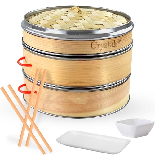 Crystals Bamboo Steamer Basket with Lid - 2 Tier Dumpling Steamer Basket for Cooking - Includes 2 Pair Wooden Chopsticks Reusable, 1 Ceramic Plate, 1 Ceramic Dipping Bowl 1 Crystals Bamboo Steamer Basket with Lid - 2 Tier Dumpling Steamer Basket for Cooking - Includes 2 Pair Wooden Chopsticks Reusable, 1 Ceramic Plate, 1 Ceramic Dipping Bowl
