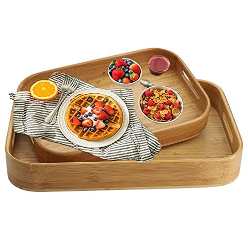 Dicunoy Set of 2 Bamboo Food Serving Tray, Solid Wood Breakfast Tray with Handles, Large Bamboo Food Serving Tea Trays Great for Breakfast, Coffee, Bar, Parties, 39cm L x 27cm W /32cm L x 22cm W 4 Dicunoy Set of 2 Bamboo Food Serving Tray, Solid Wood Breakfast Tray with Handles, Large Bamboo Food Serving Tea Trays Great for Breakfast, Coffee, Bar, Parties, 39cm L x 27cm W /32cm L x 22cm W - Image 4