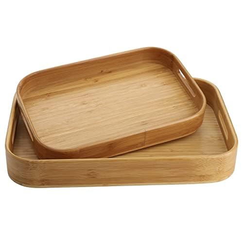 Dicunoy Set of 2 Bamboo Food Serving Tray, Solid Wood Breakfast Tray with Handles, Large Bamboo Food Serving Tea Trays Great for Breakfast, Coffee, Bar, Parties, 39cm L x 27cm W /32cm L x 22cm W 1 Dicunoy Set of 2 Bamboo Food Serving Tray, Solid Wood Breakfast Tray with Handles, Large Bamboo Food Serving Tea Trays Great for Breakfast, Coffee, Bar, Parties, 39cm L x 27cm W /32cm L x 22cm W