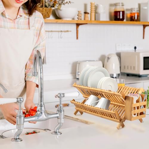 Jetcloud Drying 2 Tier Bamboo Dishes Drainer 20 Slots Bowl and Plate Utensil Holder Folding Wood Kitchen Rack for Counter, Large 6 Jetcloud Drying 2 Tier Bamboo Dishes Drainer 20 Slots Bowl and Plate Utensil Holder Folding Wood Kitchen Rack for Counter, Large - Image 6