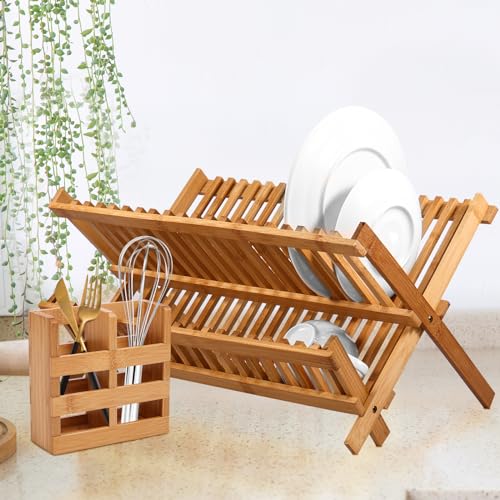 Jetcloud Drying 2 Tier Bamboo Dishes Drainer 20 Slots Bowl and Plate Utensil Holder Folding Wood Kitchen Rack for Counter, Large 2 Jetcloud Drying 2 Tier Bamboo Dishes Drainer 20 Slots Bowl and Plate Utensil Holder Folding Wood Kitchen Rack for Counter, Large - Image 2