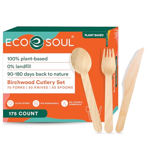 ECO SOUL Disposable Wooden Cutlery Set (175 Pack) - Eco Friendly 75 Forks, 50 Spoons & 50 Knives, Biodegradable & Compostable Cutlery Set for Party Wedding Picnic - Packaging May Vary 1 ECO SOUL Disposable Wooden Cutlery Set (175 Pack) - Eco Friendly 75 Forks, 50 Spoons & 50 Knives, Biodegradable & Compostable Cutlery Set for Party Wedding Picnic - Packaging May Vary
