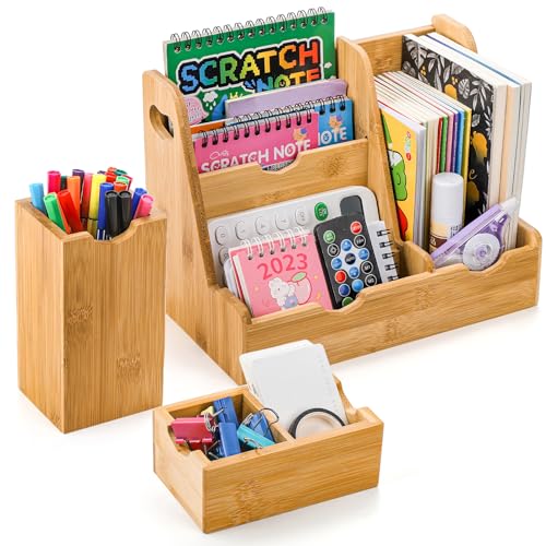 Elsjoy 3 Pieces Bamboo Desk Organizer Set with Pen Holder, Table Organizer Caddy Office Desk Accessories Storage Holder with Handle, Desktop Organizer for Office Supplies, Vanity, Mail 1 Elsjoy 3 Pieces Bamboo Desk Organizer Set with Pen Holder, Table Organizer Caddy Office Desk Accessories Storage Holder with Handle, Desktop Organizer for Office Supplies, Vanity, Mail