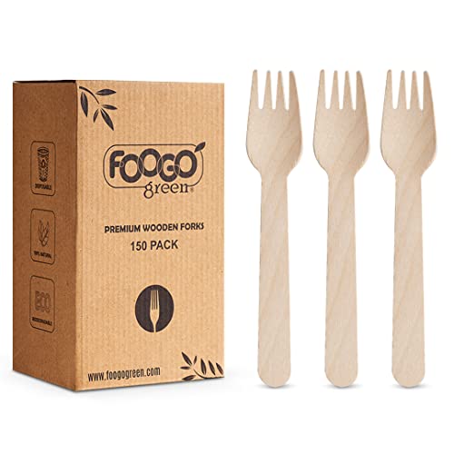 FOOGO Green 150pcs Disposable Wooden Forks, FSC® Certified, 16cm, Biodegradable Compostable, Eco Friendly, Wedding Picnic Party Camping Catering, Like Bamboo Cutlery Set 1 FOOGO Green 150pcs Disposable Wooden Forks, FSC® Certified, 16cm, Biodegradable Compostable, Eco Friendly, Wedding Picnic Party Camping Catering, Like Bamboo Cutlery Set
