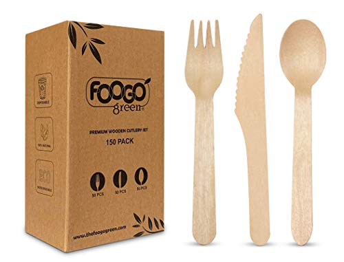 FOOGO Green 150pcs Disposable Wooden Cutlery Set, FSC® Certified, 50 x Forks 50 x Spoons 50 x Knives, 16cm, Biodegradable, Eco-Friendly, Compostable, Party Picnic, Like Bamboo 2 FOOGO Green 150pcs Disposable Wooden Cutlery Set, FSC® Certified, 50 x Forks 50 x Spoons 50 x Knives, 16cm, Biodegradable, Eco-Friendly, Compostable, Party Picnic, Like Bamboo - Image 2