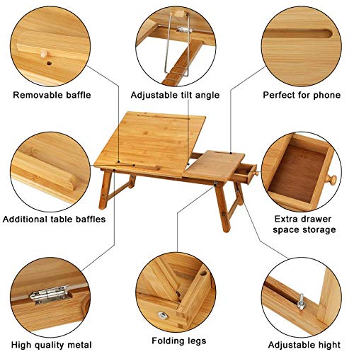 Foldable Large Bed Tray,Portable Bamboo Breakfast Tray,Adjustable Height Lap Desk Laptop Bed Desk with Drawer,Breakfast Tray,Multifunction Laptop Stand with Tablet & Phone Slots. 3 Foldable Large Bed Tray,Portable Bamboo Breakfast Tray,Adjustable Height Lap Desk Laptop Bed Desk with Drawer,Breakfast Tray,Multifunction Laptop Stand with Tablet & Phone Slots. - Image 3