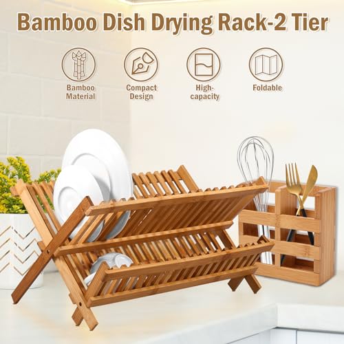 Gatphy Dish Rack 2 Tier Bamboo Dish Drying Rack Collapsible 20 Slots with Cutlery Barrel Kitchen Plate Drainer Storage Stand for Bowls Coasters Cups Cutting Board 2 Gatphy Dish Rack 2 Tier Bamboo Dish Drying Rack Collapsible 20 Slots with Cutlery Barrel Kitchen Plate Drainer Storage Stand for Bowls Coasters Cups Cutting Board - Image 2