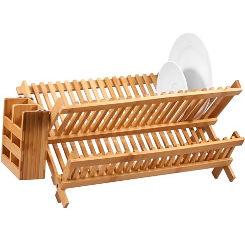 Gatphy Dish Rack 2 Tier Bamboo Dish Drying Rack Collapsible 20 Slots with Cutlery Barrel Kitchen Plate Drainer Storage Stand for Bowls Coasters Cups Cutting Board 1 Gatphy Dish Rack 2 Tier Bamboo Dish Drying Rack Collapsible 20 Slots with Cutlery Barrel Kitchen Plate Drainer Storage Stand for Bowls Coasters Cups Cutting Board