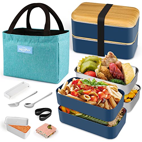 HOLIPOT Bento Box Lunch Box Adults, Japanese Style 2 Tiers Eco- Friendly PP Stainless Steel Bento Lunch Boxes with Fork Spoon, Lunch Bag for Women Men Kids Meal Snack Packing Containers, BPA Free 1 HOLIPOT Bento Box Lunch Box Adults, Japanese Style 2 Tiers Eco- Friendly PP Stainless Steel Bento Lunch Boxes with Fork Spoon, Lunch Bag for Women Men Kids Meal Snack Packing Containers, BPA Free