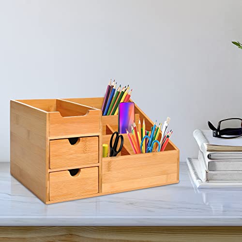 HOMCOM Desk Organiser Holder, Bamboo Multi-Function Storage Caddy with 7 Storage Compartments and 2 Drawers for Home Office Stationary Supplies, Natural Bamboo 2 HOMCOM Desk Organiser Holder, Bamboo Multi-Function Storage Caddy with 7 Storage Compartments and 2 Drawers for Home Office Stationary Supplies, Natural Bamboo - Image 2