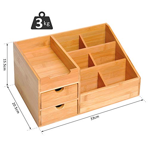 HOMCOM Desk Organiser Holder, Bamboo Multi-Function Storage Caddy with 7 Storage Compartments and 2 Drawers for Home Office Stationary Supplies, Natural Bamboo 5 HOMCOM Desk Organiser Holder, Bamboo Multi-Function Storage Caddy with 7 Storage Compartments and 2 Drawers for Home Office Stationary Supplies, Natural Bamboo - Image 5