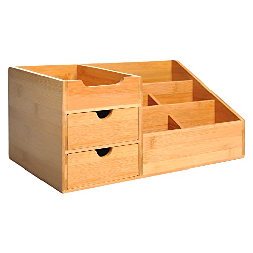 HOMCOM Desk Organiser Holder, Bamboo Multi-Function Storage Caddy with 7 Storage Compartments and 2 Drawers for Home Office Stationary Supplies, Natural Bamboo 1 HOMCOM Desk Organiser Holder, Bamboo Multi-Function Storage Caddy with 7 Storage Compartments and 2 Drawers for Home Office Stationary Supplies, Natural Bamboo