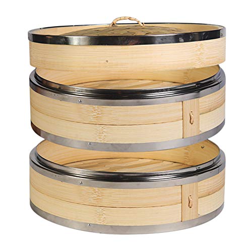 Hcooker 2 Tier Kitchen Bamboo Steamer with Double Stainless Steel Banding for Asian Cooking Buns Dumplings Vegetables Fish Rice 1 Hcooker 2 Tier Kitchen Bamboo Steamer with Double Stainless Steel Banding for Asian Cooking Buns Dumplings Vegetables Fish Rice