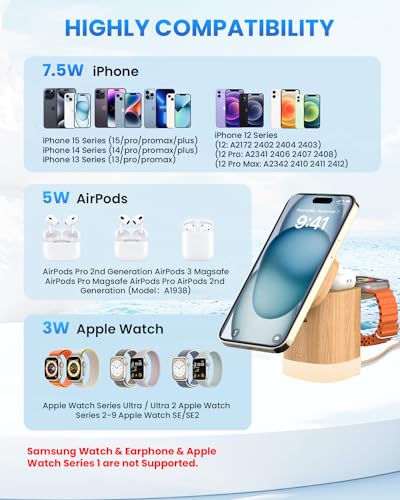 JoyGeek 3-in-1 Charger Stand for Magsafe, Foldable Wireless Charging Station with Night Lights, Magnetic Charger Dock for iPhone 16/15/14/13/12 Pro/Max, AirPods 4-2, Apple Watch 2-10/Ultra,Bamboo Wood 2 JoyGeek 3-in-1 Charger Stand for Magsafe, Foldable Wireless Charging Station with Night Lights, Magnetic Charger Dock for iPhone 16/15/14/13/12 Pro/Max, AirPods 4-2, Apple Watch 2-10/Ultra,Bamboo Wood - Image 2