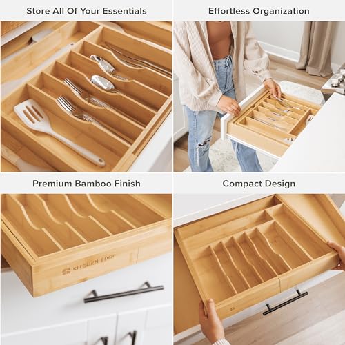 KitchenEdge Cutlery Tray and Utensil Organiser for Kitchen Drawers, Expandable to 33 Inches Wide, 11 Compartments, 100% Bamboo 3 KitchenEdge Cutlery Tray and Utensil Organiser for Kitchen Drawers, Expandable to 33 Inches Wide, 11 Compartments, 100% Bamboo - Image 3