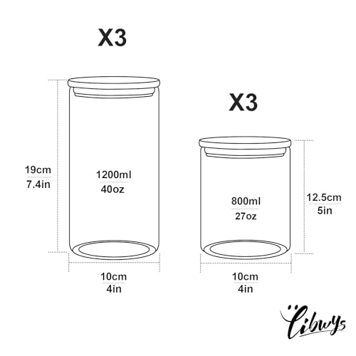 LIBWYS Glass Storage Jars with Bamboo Lids Set of 6, Airtight Glass Canisters with 2 Size 800ml, 1200ml, Large Kitchen Food Storage Jars for Kitchen Cabinet/Dishwasher Safe (6L) 6 LIBWYS Glass Storage Jars with Bamboo Lids Set of 6, Airtight Glass Canisters with 2 Size 800ml, 1200ml, Large Kitchen Food Storage Jars for Kitchen Cabinet/Dishwasher Safe (6L) - Image 6