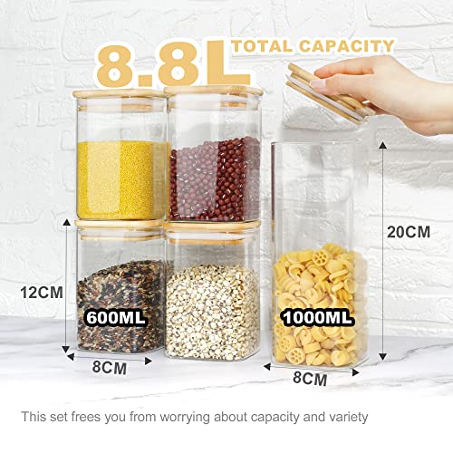 LIBWYS Square Glass Storage Jars with Bamboo Lids Set of 12, Airtight Glass Canisters with 2 Size 600ml, 1000ml, Large Kitchen Food Storage Jars for Kitchen Cabinet/Dishwasher Safe (8.8L) 6 LIBWYS Square Glass Storage Jars with Bamboo Lids Set of 12, Airtight Glass Canisters with 2 Size 600ml, 1000ml, Large Kitchen Food Storage Jars for Kitchen Cabinet/Dishwasher Safe (8.8L) - Image 6