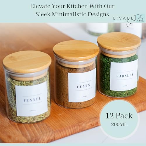 Livabl Glass Spice Jars with Lids and Labels – 12 Bamboo Lid Spice Containers - 200ml Airtight Jars with 360 White UK Designed Waterproof Pre-Printed Labels - Complete Herb, Seasoning & Spices Storage 2 Livabl Glass Spice Jars with Lids and Labels – 12 Bamboo Lid Spice Containers - 200ml Airtight Jars with 360 White UK Designed Waterproof Pre-Printed Labels - Complete Herb, Seasoning & Spices Storage - Image 2