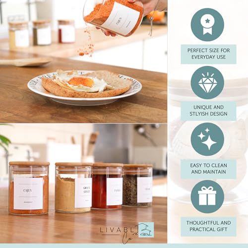 Livabl Glass Spice Jars with Lids and Labels – 12 Bamboo Lid Spice Containers - 200ml Airtight Jars with 360 White UK Designed Waterproof Pre-Printed Labels - Complete Herb, Seasoning & Spices Storage 3 Livabl Glass Spice Jars with Lids and Labels – 12 Bamboo Lid Spice Containers - 200ml Airtight Jars with 360 White UK Designed Waterproof Pre-Printed Labels - Complete Herb, Seasoning & Spices Storage - Image 3