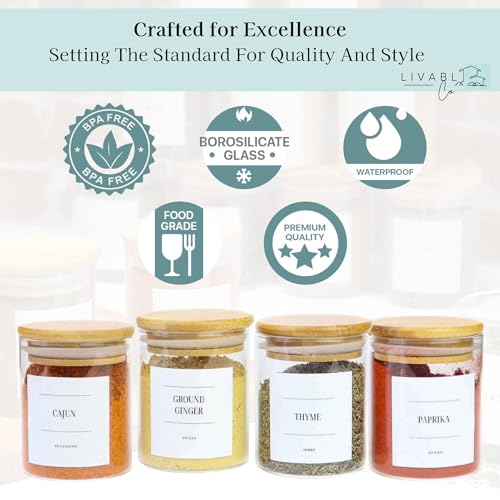 Livabl Glass Spice Jars with Lids and Labels – 12 Bamboo Lid Spice Containers - 200ml Airtight Jars with 360 White UK Designed Waterproof Pre-Printed Labels - Complete Herb, Seasoning & Spices Storage 6 Livabl Glass Spice Jars with Lids and Labels – 12 Bamboo Lid Spice Containers - 200ml Airtight Jars with 360 White UK Designed Waterproof Pre-Printed Labels - Complete Herb, Seasoning & Spices Storage - Image 6