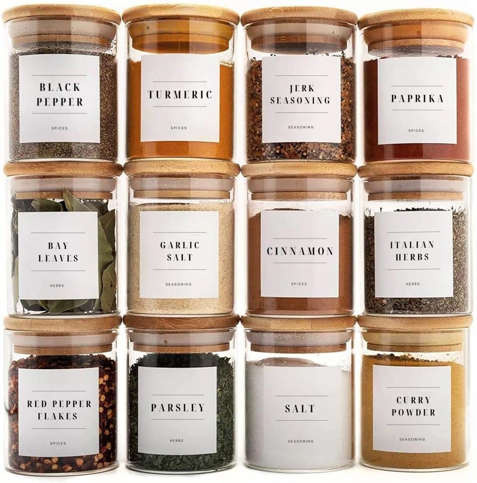 Livabl Glass Spice Jars with Lids and Labels – 12 Bamboo Lid Spice Containers - 200ml Airtight Jars with 360 White UK Designed Waterproof Pre-Printed Labels - Complete Herb, Seasoning & Spices Storage 1 Livabl Glass Spice Jars with Lids and Labels – 12 Bamboo Lid Spice Containers - 200ml Airtight Jars with 360 White UK Designed Waterproof Pre-Printed Labels - Complete Herb, Seasoning & Spices Storage