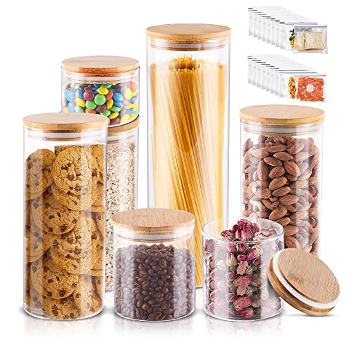 Myiosus Glass Jars with Bamboo Lids, Glass Storage Jars with Lids Airtight Pasta Storage Containers Food Canisters for Spaghetti, Flour, Coffee, Cookie, Spice – Set of 7 1 Myiosus Glass Jars with Bamboo Lids, Glass Storage Jars with Lids Airtight Pasta Storage Containers Food Canisters for Spaghetti, Flour, Coffee, Cookie, Spice – Set of 7