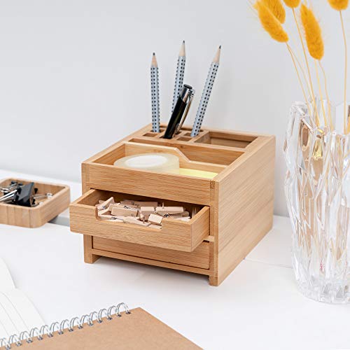 Navaris Small Wooden Desk Organiser - 12.7 x 15 x 9.4 cm Compact Holder Made of Bamboo Wood with Drawers, Tray, Pen Pot - For Work or Home Office 2 Navaris Small Wooden Desk Organiser - 12.7 x 15 x 9.4 cm Compact Holder Made of Bamboo Wood with Drawers, Tray, Pen Pot - For Work or Home Office - Image 2