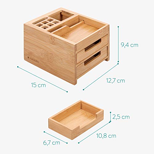 Navaris Small Wooden Desk Organiser - 12.7 x 15 x 9.4 cm Compact Holder Made of Bamboo Wood with Drawers, Tray, Pen Pot - For Work or Home Office 3 Navaris Small Wooden Desk Organiser - 12.7 x 15 x 9.4 cm Compact Holder Made of Bamboo Wood with Drawers, Tray, Pen Pot - For Work or Home Office - Image 3