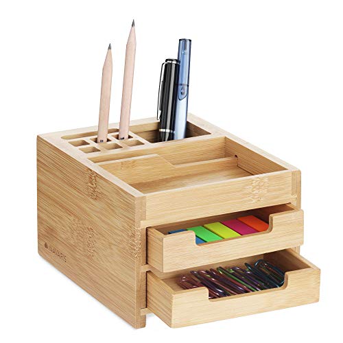 Navaris Small Wooden Desk Organiser - 12.7 x 15 x 9.4 cm Compact Holder Made of Bamboo Wood with Drawers, Tray, Pen Pot - For Work or Home Office 1 Navaris Small Wooden Desk Organiser - 12.7 x 15 x 9.4 cm Compact Holder Made of Bamboo Wood with Drawers, Tray, Pen Pot - For Work or Home Office