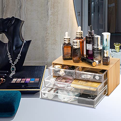 Okllen Bamboo Cosmetic Storage Organizer with Acrylic Drawers, Clear Makeup Organizer Jewelry Storage Box, Desktop Organizer for Skincare, Hair Accessories, Bathroom Counter,23.5x14.5x10.5 CM 4 Okllen Bamboo Cosmetic Storage Organizer with Acrylic Drawers, Clear Makeup Organizer Jewelry Storage Box, Desktop Organizer for Skincare, Hair Accessories, Bathroom Counter,23.5x14.5x10.5 CM - Image 4