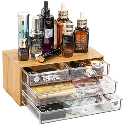 Okllen Bamboo Cosmetic Storage Organizer with Acrylic Drawers, Clear Makeup Organizer Jewelry Storage Box, Desktop Organizer for Skincare, Hair Accessories, Bathroom Counter,23.5x14.5x10.5 CM 1 Okllen Bamboo Cosmetic Storage Organizer with Acrylic Drawers, Clear Makeup Organizer Jewelry Storage Box, Desktop Organizer for Skincare, Hair Accessories, Bathroom Counter,23.5x14.5x10.5 CM