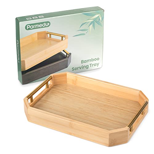 PARMEDU Natural Thickened Bamboo Serving Tray with Ergonomic and Aesthetic Metal Handles, Bamboo Tray for Serving Food, Breakfast, Tea, Coffee, Organizing and Decoration, Bamboo Color, Model ET002 1 PARMEDU Natural Thickened Bamboo Serving Tray with Ergonomic and Aesthetic Metal Handles, Bamboo Tray for Serving Food, Breakfast, Tea, Coffee, Organizing and Decoration, Bamboo Color, Model ET002