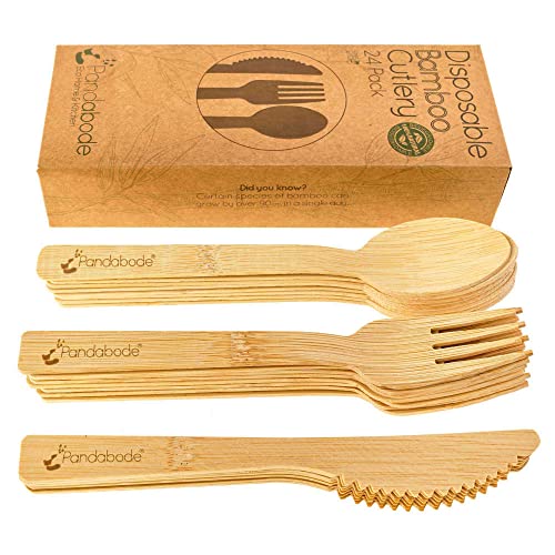 Pandabode Disposable Bamboo Wooden Cutlery Set | 24/120/300 Piece | Eco Friendly for Party Picnic and BBQ | Large Strong Biodegradable (24) 1 Pandabode Disposable Bamboo Wooden Cutlery Set | 24/120/300 Piece | Eco Friendly for Party Picnic and BBQ | Large Strong Biodegradable (24)