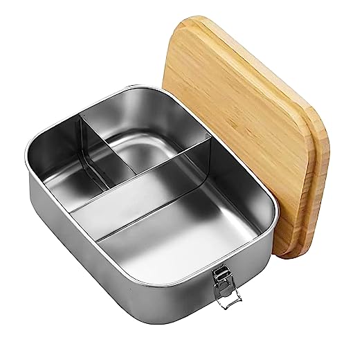 Qivine Stainless Steel Lunch Box, 1200ML Metal Lunch Box with Wooden Lid, Bento Box Lunchs BoxesAdults 3 Compartment Sandwich Boxes for Adults with Fork & Spoon for School, Office, Picnic 6 Qivine Stainless Steel Lunch Box, 1200ML Metal Lunch Box with Wooden Lid, Bento Box Lunchs BoxesAdults 3 Compartment Sandwich Boxes for Adults with Fork & Spoon for School, Office, Picnic - Image 6