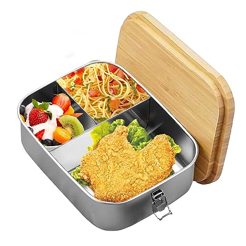 Qivine Stainless Steel Lunch Box, 1200ML Metal Lunch Box with Wooden Lid, Bento Box Lunchs BoxesAdults 3 Compartment Sandwich Boxes for Adults with Fork & Spoon for School, Office, Picnic 2 Qivine Stainless Steel Lunch Box, 1200ML Metal Lunch Box with Wooden Lid, Bento Box Lunchs BoxesAdults 3 Compartment Sandwich Boxes for Adults with Fork & Spoon for School, Office, Picnic - Image 2