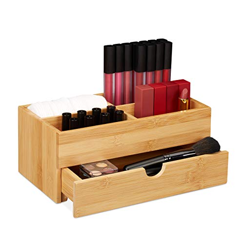 Relaxdays Bamboo Cosmetics Organiser, Multifunctional, 4 Compartments & Drawer, Desk Storage, Natural 1 Relaxdays Bamboo Cosmetics Organiser, Multifunctional, 4 Compartments & Drawer, Desk Storage, Natural