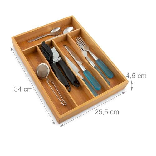 Relaxdays Bamboo Cutlery Tray, HxWxD: ca 4.5 x 25.5 x 34 cm, Drawer Organiser Insert, With 5 Compartments, Bamboo, Natural Brown 2 Relaxdays Bamboo Cutlery Tray, HxWxD: ca 4.5 x 25.5 x 34 cm, Drawer Organiser Insert, With 5 Compartments, Bamboo, Natural Brown - Image 2