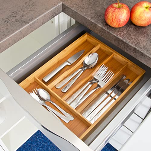 Relaxdays Bamboo Cutlery Tray, HxWxD: ca 4.5 x 25.5 x 34 cm, Drawer Organiser Insert, With 5 Compartments, Bamboo, Natural Brown 4 Relaxdays Bamboo Cutlery Tray, HxWxD: ca 4.5 x 25.5 x 34 cm, Drawer Organiser Insert, With 5 Compartments, Bamboo, Natural Brown - Image 4