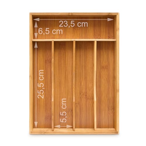 Relaxdays Bamboo Cutlery Tray, HxWxD: ca 4.5 x 25.5 x 34 cm, Drawer Organiser Insert, With 5 Compartments, Bamboo, Natural Brown 6 Relaxdays Bamboo Cutlery Tray, HxWxD: ca 4.5 x 25.5 x 34 cm, Drawer Organiser Insert, With 5 Compartments, Bamboo, Natural Brown - Image 6