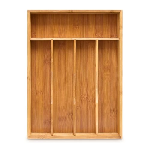 Relaxdays Bamboo Cutlery Tray, HxWxD: ca 4.5 x 25.5 x 34 cm, Drawer Organiser Insert, With 5 Compartments, Bamboo, Natural Brown 1 Relaxdays Bamboo Cutlery Tray, HxWxD: ca 4.5 x 25.5 x 34 cm, Drawer Organiser Insert, With 5 Compartments, Bamboo, Natural Brown