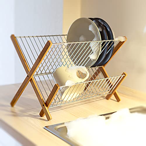 Relaxdays CROSS Bamboo And Chromed Steel Draining Rack: 27 x 38 x 29 cm Drying Rack Folding Dish Drainer For Plates, Cups, Glasses, Natural, Brown/Silver 2 Relaxdays CROSS Bamboo And Chromed Steel Draining Rack: 27 x 38 x 29 cm Drying Rack Folding Dish Drainer For Plates, Cups, Glasses, Natural, Brown/Silver - Image 2